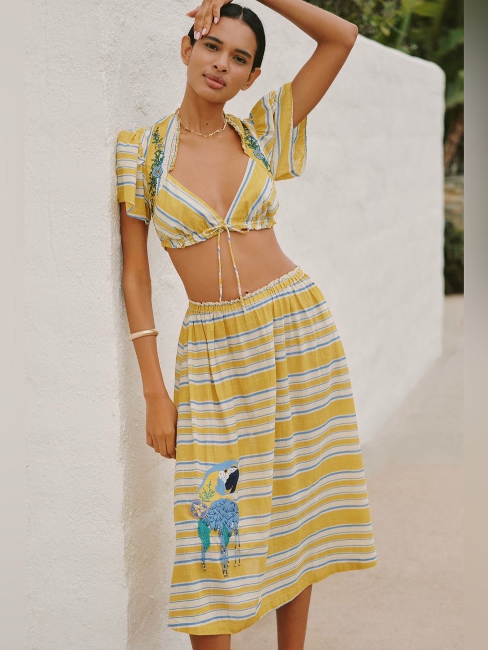 Anthropologie Celandine Copacabana Striped Yellow Two-Piece Top & Skirt size XL